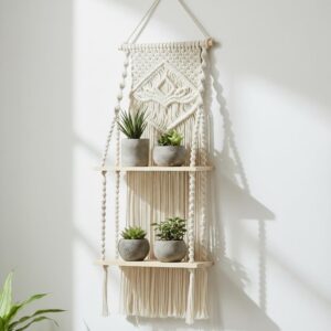 Decazone Macrame Indoor Wall Hanging Shelf Chic Decor Wood Floating Boho Shelves with Wooden Dowel 