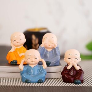 eCraftIndia Resin Set of 4 Little Monk Buddha Statue Think No Evil Speak No Evil Hear No Evil